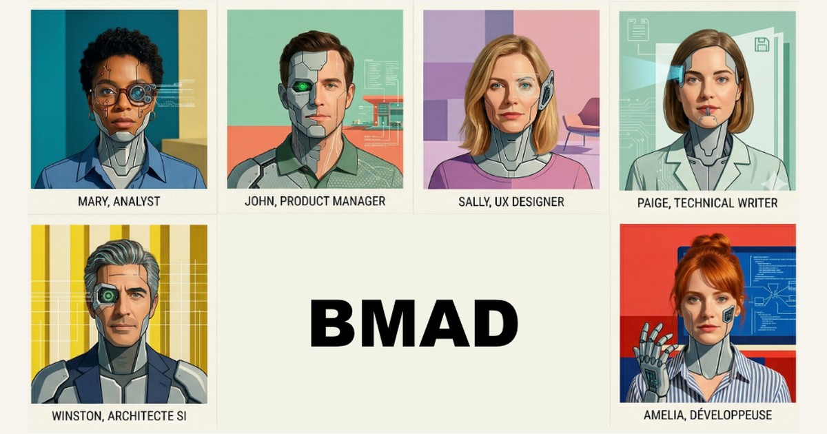 Les six agents de BMAD représentés par des portraits stylisés : l'Analyst, le Product Manager, l'UX Designer, l'Architect, la Developer et la Technical Writer.