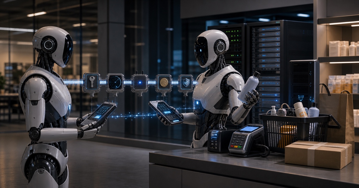 Deux robots humanoïdes échangent dans une boutique connectée, reliés par une chaîne d'icônes (clé, radar, pièce, bouclier) qui évoque l'identité, la découverte, le paiement et la confiance entre agents. Illustration des protocoles agentiques.